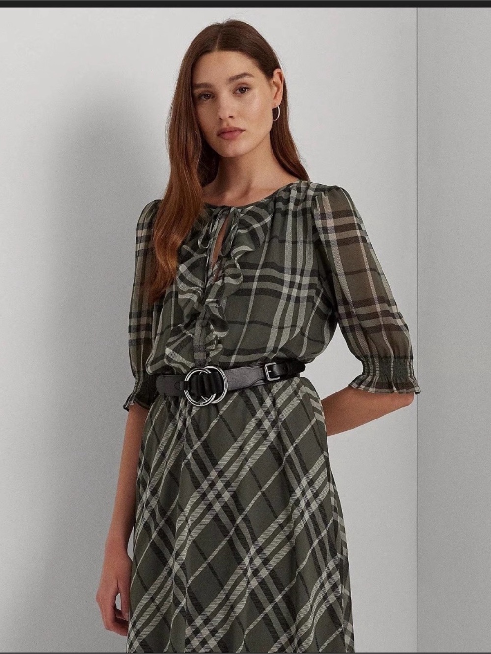 Ralph Lauren plaid Georgette Dress Size 12 EUC Gray Black Cream